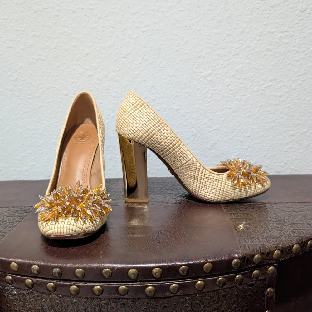 Tory Burch Metallic Kendra Raffia Pump Heels size 9.5